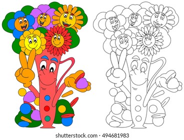 Smiling colorful flowers in a vase smiling as coloring books for small children - vector