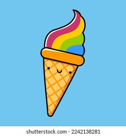 Smiling colorful ice cream in a waffle cup. Vector illustration