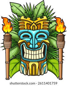 Smiling Colorful Tiki Mask With Jungle Leaves And Fire Torches - Vector Hand Drawn Illustration Isolated On Transparent Background