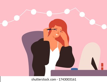 Smiling colorful woman dye eyelashes looking at mirror vector flat illustration. Young girl enjoying cosmetic procedure use mascara at home. Beauty female applying makeup having positive emotion