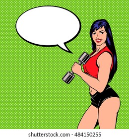Smiling comic girl with dumbbell and speech bubble. Sport concept. Vector EPS8 illustration.
