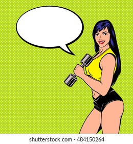 Smiling comic girl with dumbbell and speech bubble. Sport concept. Vector EPS8 illustration.