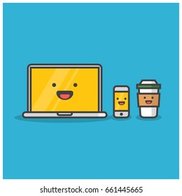 Smiling Computer Laptop With Phone and Coffee