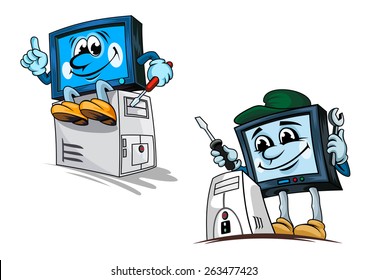 Smiling computer repairman cartoon characters in cap with wrench and screwdriver fixing processor for technical support or repair service design
