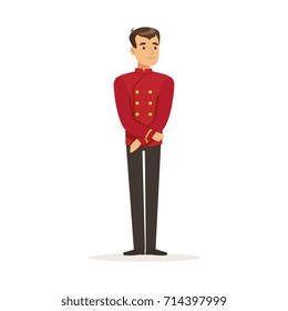 Conserje sonriente o personaje portero con uniforme rojo de doble pecho, vectores de hotel Ilustración