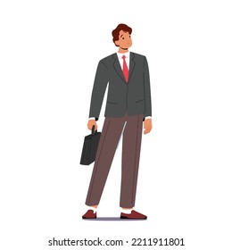 Un hombre de negocios con confianza sonriente, un personaje masculino usa traje formal con una maleta corta en mano aislado en fondo blanco. Gestor único, empleado o jefe personal. Ilustración de vectores de dibujos animados, imágenes prediseñadas