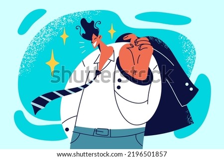 Smiling confident businessman in suit. Happy male boss or CEO in formalwear feeling optimistic and positive. Leadership. Vector illustration. 