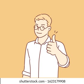 Smiling confident businessman tumbs up on yellow background. Hand drawn style vector design illustrations.