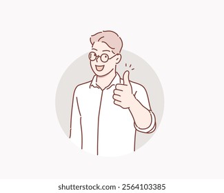 Smiling confident businessman tumbs up on yellow background. Hand drawn style vector design illustrations.	