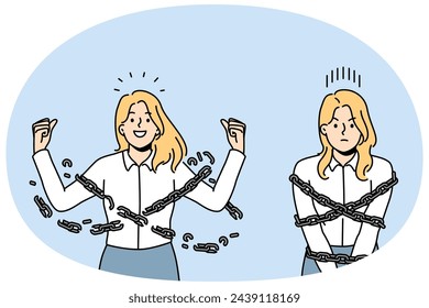 Smiling confident businesswoman break chain free from work slavery. Happy female get freedom from chain or burden. Vector illustration.