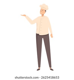 Smiling confident chef is pointing to the side presenting a food product