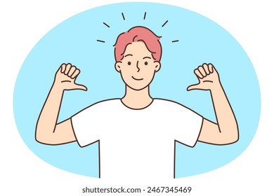 Smiling confident man point at himself. Happy male show self-confidence demonstrate top qualities and leadership. Vector illustration.