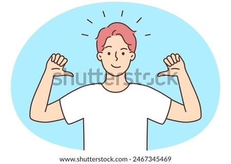 Smiling confident man point at himself. Happy male show self-confidence demonstrate top qualities and leadership. Vector illustration.