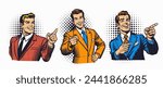 A smiling, confident man points his finger. Illustration in a bold Pop Art style. Perfect for education, coaching, or Advertisement themes.