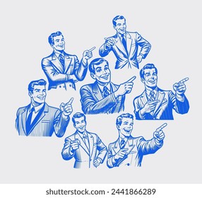 A smiling, confident man points his finger. Illustration set in a bold modern style, line art. Perfect for education, coaching, or Advertisement themes.