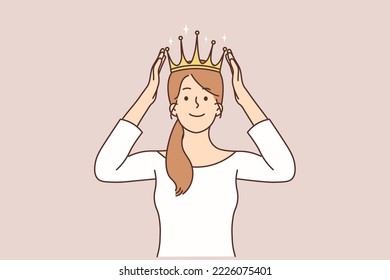 Smiling confident woman in crown on head celebrate success or win. Happy successful girl crowned for victory or promotion. Vector illustration. 