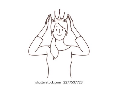 Smiling confident woman in crown on head celebrate success or win. Happy successful girl crowned for victory or promotion. Vector illustration. 