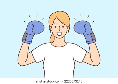Smiling confident young powerful woman with boxers gloves on hands. Happy girl show power and strength. Vector illustration. 