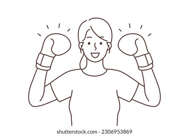 Smiling confident young powerful woman with boxers gloves on hands. Happy girl show power and strength. Vector illustration. 