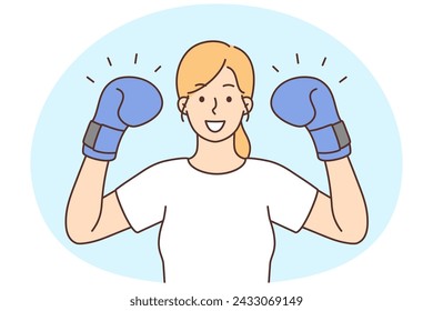 Smiling confident young powerful woman with boxers gloves on hands. Happy girl show power and strength. Vector illustration.