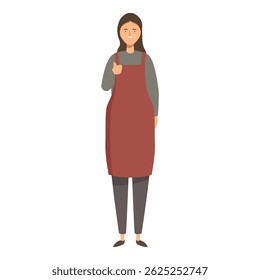 Smiling confident young woman seller wearing apron showing thumb up gesture approving your choice
