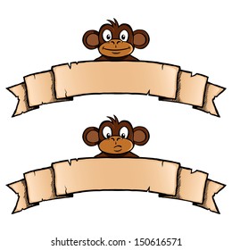 Smiling and confused monkey with ribbon banner