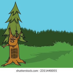 Árbol de conferencia sonriente con cara y puerta en el tronco del árbol - Ilustración de dibujos animados de color con fondo, vector
