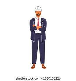 Smiling construction foreman in suit and hard hat vector flat illustration. Portrait of happy male architect or engineer isolated on white background. Friendly building executive or manager