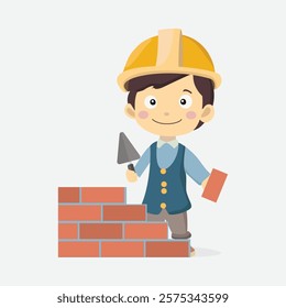 Smiling Construction Worker Building a Brick Wall. A cheerful construction worker wearing a hard hat and holding a trowel and brick, actively building a brick wall in a colorful vector illustration