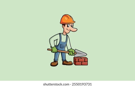 Smiling construction worker laying bricks with a trowel.