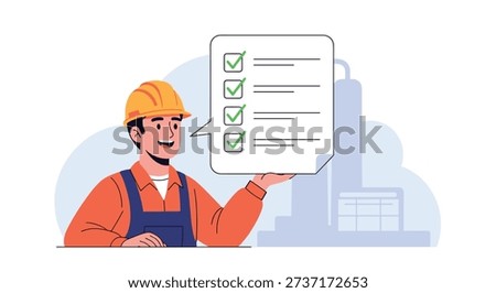 Smiling construction worker in an orange safety uniform and hard hat holds up a giant white checklist with several green check marks.