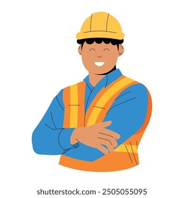 Smiling construction worker in safety gear and hardhat Vector