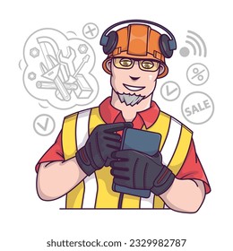 Smiling construction worker in uniform and helmet buying goods on internet. Collection of tools for repair. Shopping online and delivery. Flat vector illustration in cartoon style