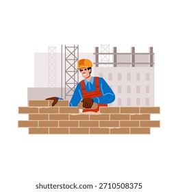Sonriente trabajador de la construcción con casco y uniforme construyendo una pared de ladrillo, que simboliza el desarrollo, la artesanía y el trabajo en equipo en la industria de la construcción
