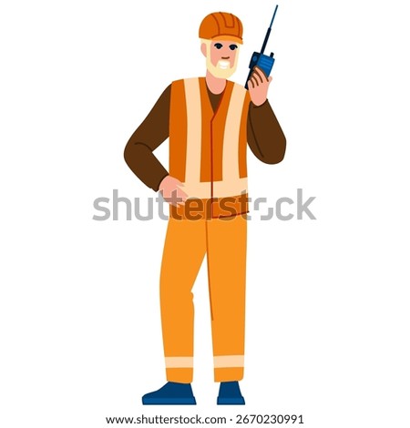 Smiling construction worker wearing a safety helmet and vest holds a portable radio, actively communicating with colleagues while working on a construction site