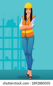 Smiling construction worker woman wearing work uniform and helmet image Premium Vector