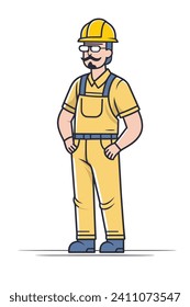 Trabajador de la construcción sonriente con uniforme amarillo, de pie confiado. Constructor masculino con sombrero duro y overoles con fondo blanco. Trabajo de construcción profesional y seguridad en el vector de trabajo