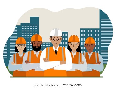Smiling constructors and construction team on the background of the city and high apartment buildings. Vector flat illustration