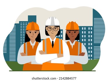 Smiling constructors and construction team on the background of the city and high apartment buildings. Vector flat illustration