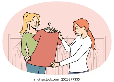 Smiling consultant help client with clothes choose in store. Woman buy apparel in boutique. Fashion and consumerism. Vector illustration.