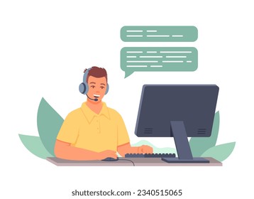 Smiling consultant talking with client, helping to solve problems. Online consultations. Work of call center operators and consultants. Technical global support. Flat vector illustration