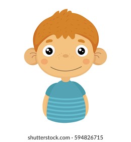 Smiling Content Cute Small Boy With Big Ears In Blue T-shirt, Emoji Portrait Of A Male Child With Emotional Facial Expression