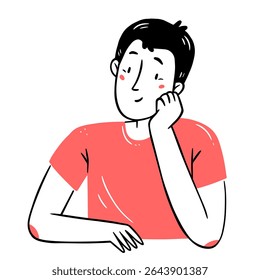 Um jovem sorridente, contente e tocado está sentado com a bochecha apoiada na mão, em um estilo simples de rabiscar linear. Ilustração isolada de vetor.