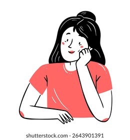 A smiling, contented, touched young woman is sitting with her cheek propped on her hand, in a simple linear doodle style. Vector isolated illustration
