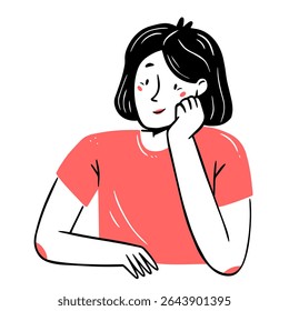 Uma jovem sorridente, contente e tocada está sentada com a bochecha apoiada na mão, em um estilo simples de rabiscar linear. Ilustração isolada de vetor.