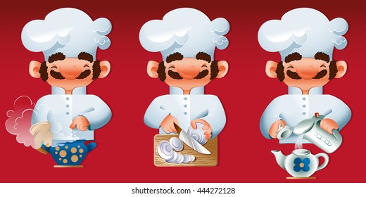smiling cook cooking the soup, cutting onions, preparing tea