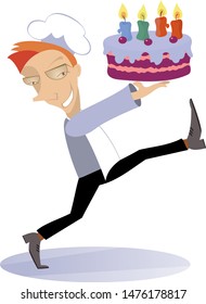 Smiling cook holds a holiday cake isolated illustration. Smiling cook holds a holiday cake decorated with candles isolated on white
