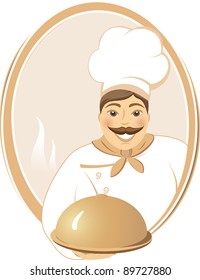 smiling cook with hot dish in brown round frame