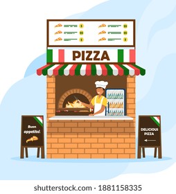 Smiling Cook Selling Pizza At Small Italian Pizza Stall. Concept Of Fast Food Pizzeria Tent With Counter Brick Oven. Flat Cartoon Vector Illustration