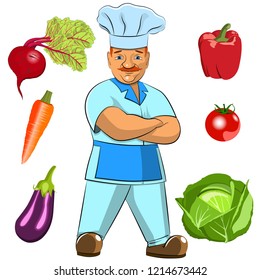 Smiling cook and a set of different vegetables. Isolated drawings on white background